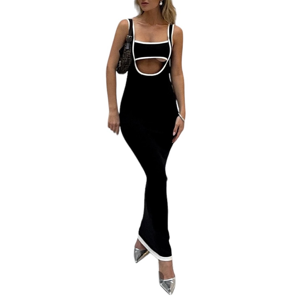 Commense NWT Contrast Trim Cutout Long Sweater Dress in Black Size M